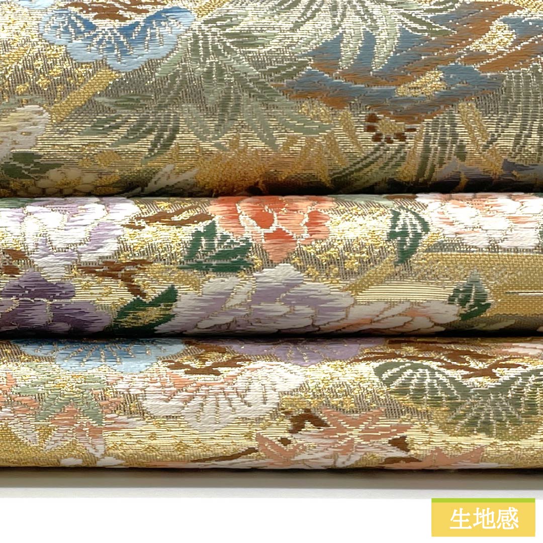 Formal, gold-tone, pure silk obi, A-rank, classic pattern, flower and bird motif for banquets, 436cm long, six-fold obi, suitable for formal wear. Product number: 1123015503321