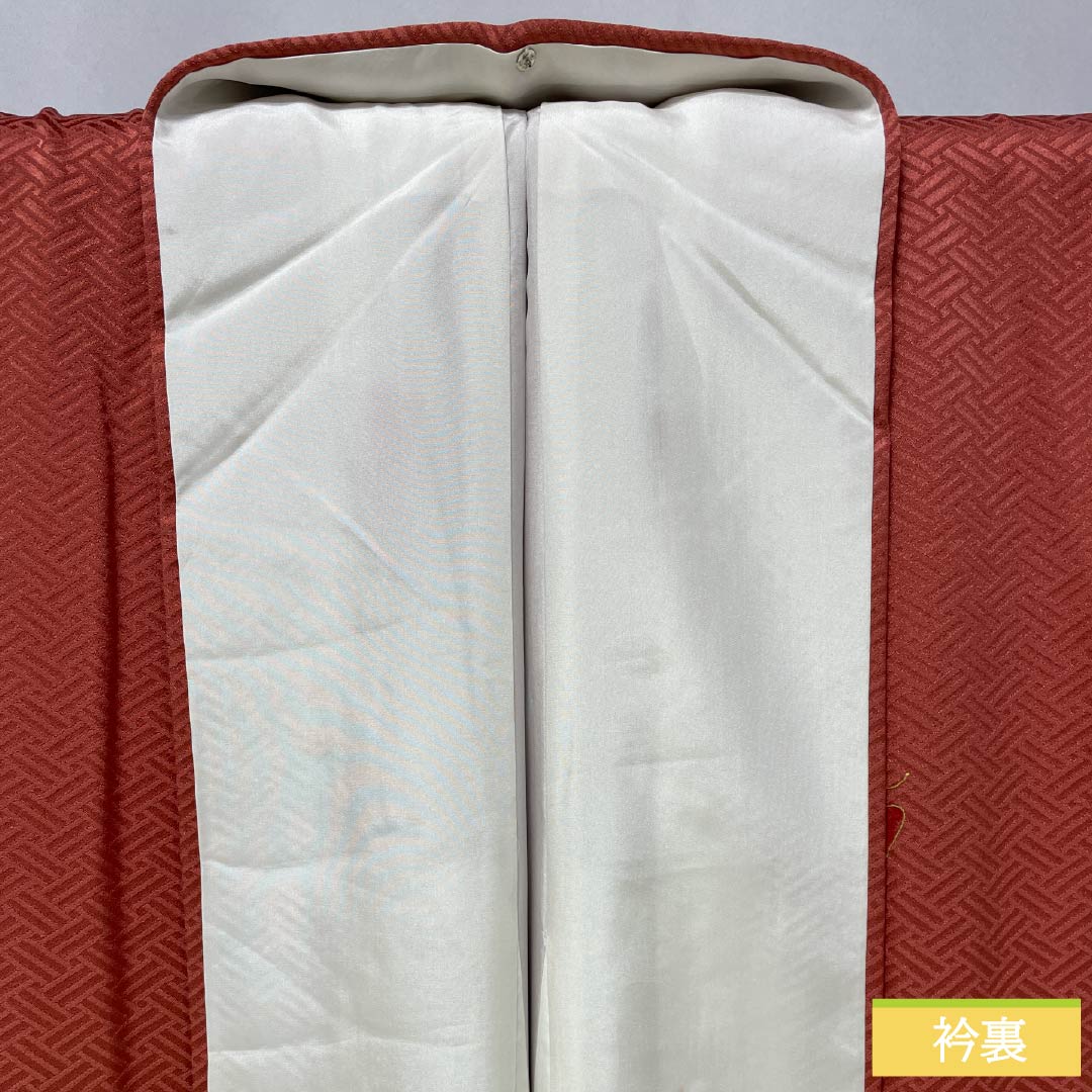 訪問着 正絹 Aランク 袷 身丈164cm 裄丈64.5cm 甚三紅色（じんざもみいろ） 京友禅 金駒刺繡 銀駒刺繍 絞り 蝶 赤系 1112007393412