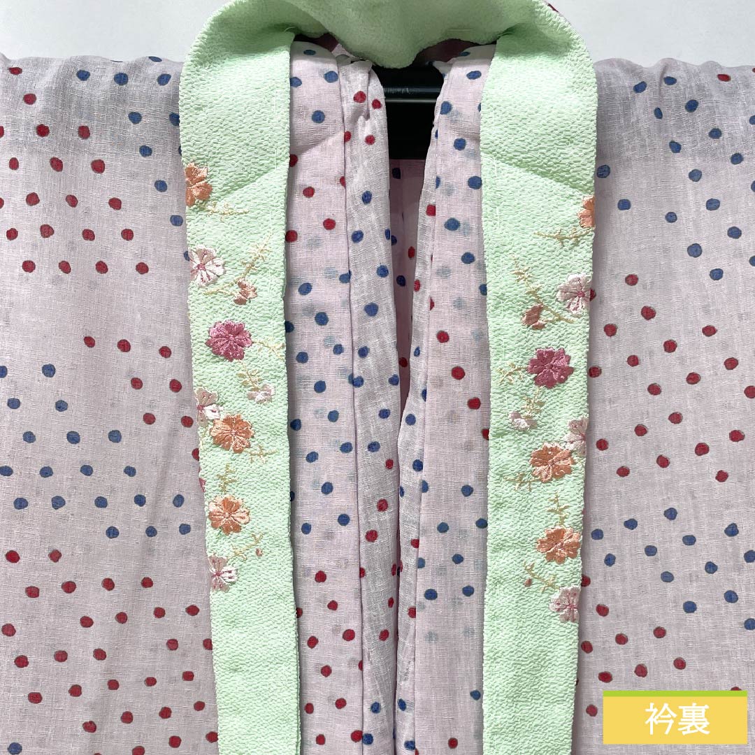 Summer kimono, polyester, small pattern, length 158cm, sleeve length 64cm, white plum blossom color (shiraumeiro), polka dot pattern, embroidered, washable, gauze, S rank, pink, product number 1132002562313