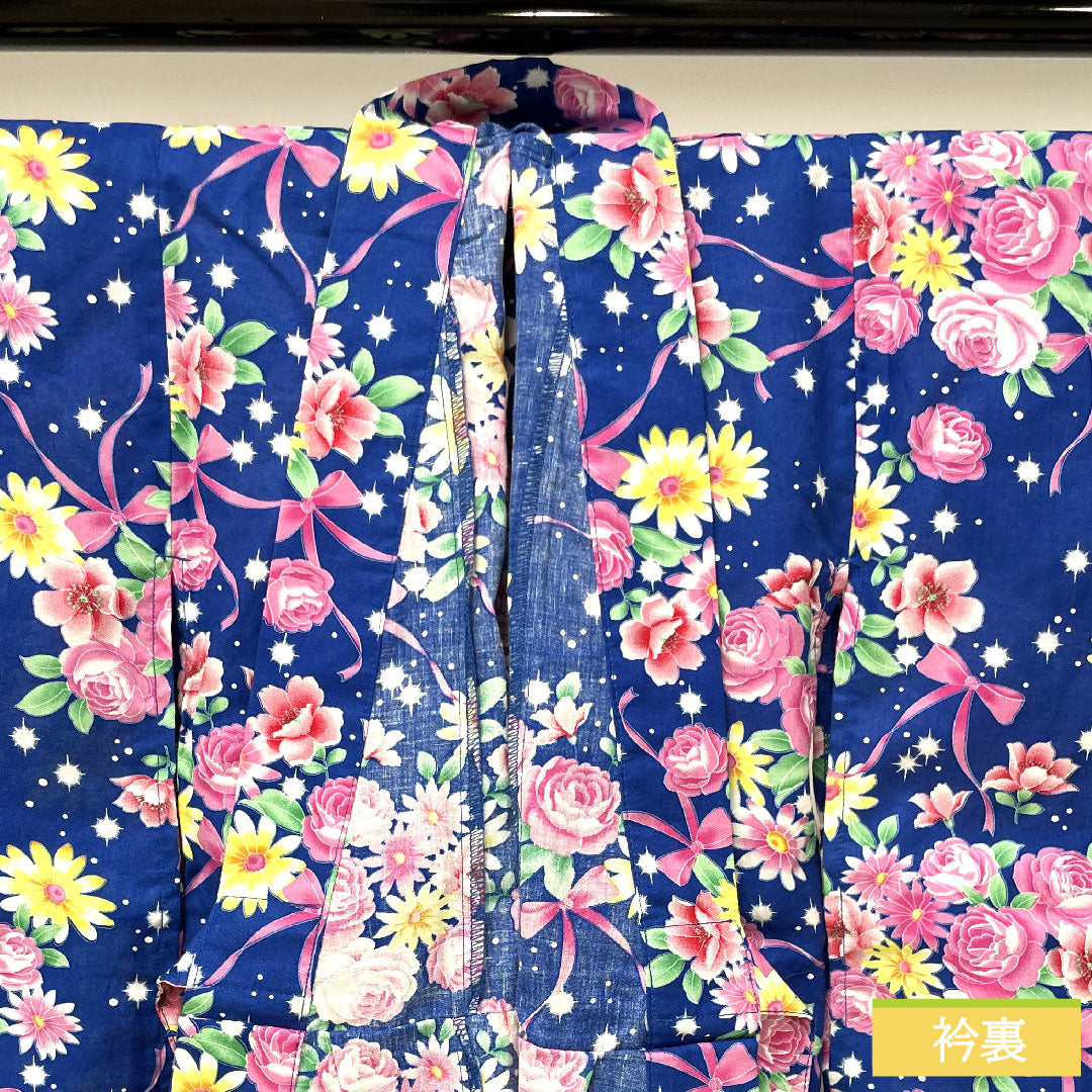 Yukata Cotton Length 107.5cm Sleeve length 56.5cm S rank Single layer Navy blue Lapis lazuli color Shoulder raising included Body raising included Floral pattern 1118005022118