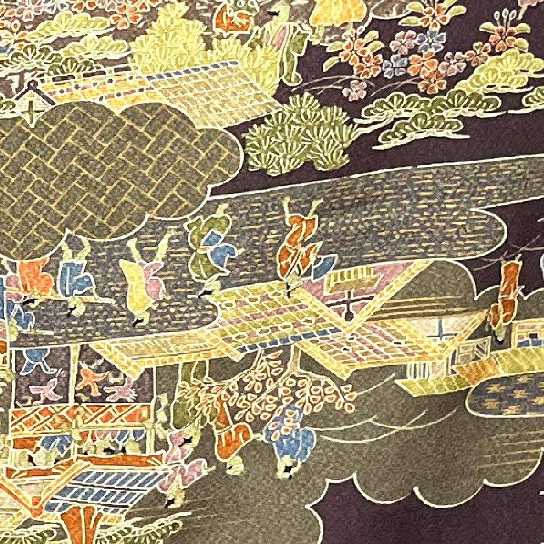 小紋 身丈153.5cm 裄丈65cm 袷  紫烏色 時代人物風景模様  正絹 Sランク 紫系 1115002322220