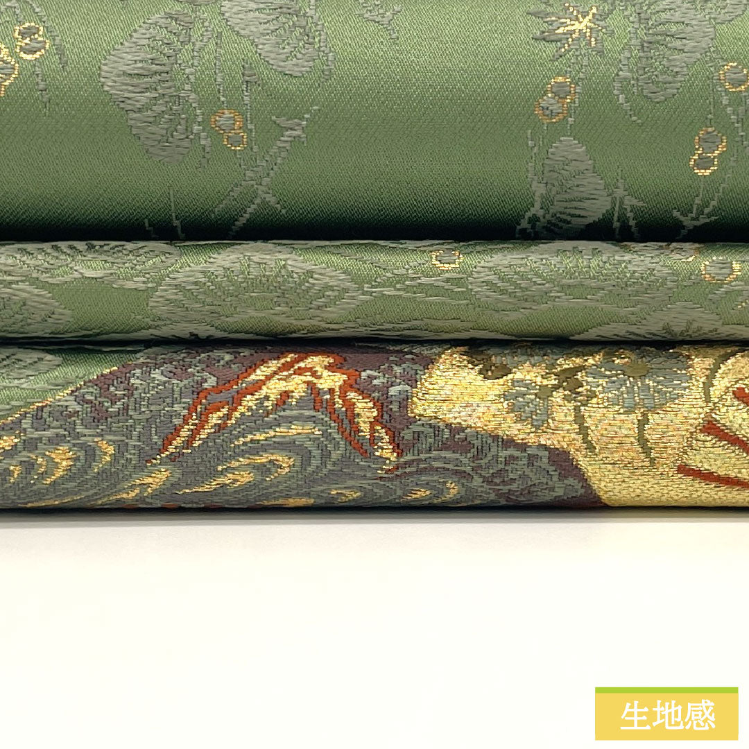 Fukuro Obi (formal silk belt), Grade A, Kanosachi Nishijin-ori Who-is-sleeve Pine Gathering. Obi length 438cm. Partial design. Semi-formal. Green family. 1123017453319