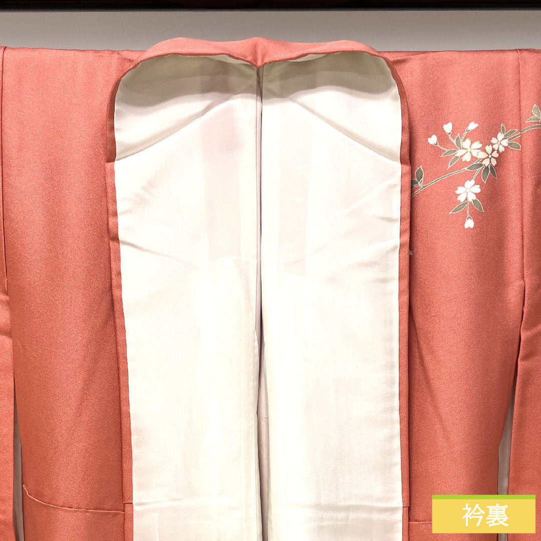 Homongi, pure silk, lined, length 158.5cm, sleeve length 64.5cm, Choshun-iro (Choshu-iro), Kyo-Yuzen, cherry blossom, chrysanthemum, flowing water, auspicious motif, S rank, pink, 1112004442313