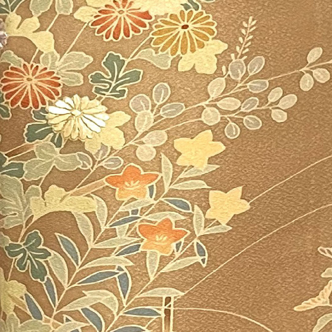Homongi, lined, length 159cm, sleeve length 64cm, Shiba dyeing, floral pattern, pure silk, S rank, brown, 1112001582314