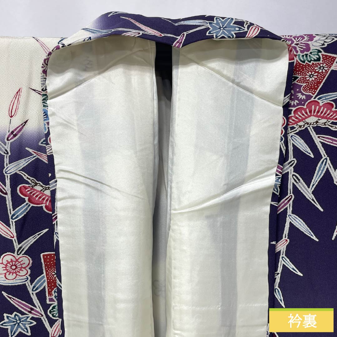 Homongi Silk A Rank Awase 155.5cm Length 62cm Sleeve-to-sleeve Deep Purple Kyo-Bingata Pine, Bamboo, Plum, Butterfly, Fan, Chrysanthemum Purple System 1112006403320
