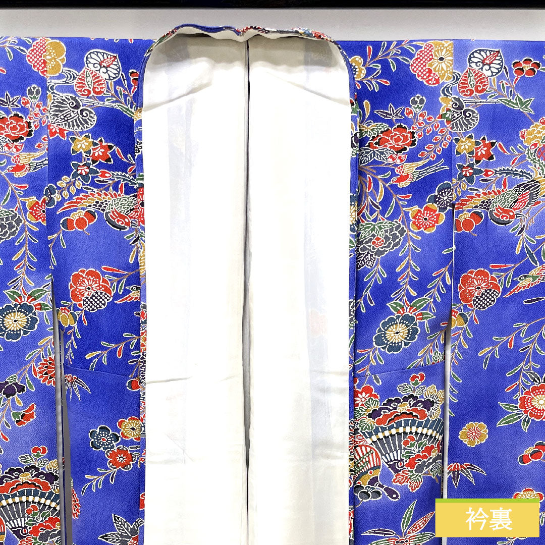 Furisode, pure silk, length 156cm, sleeve length 62.5cm, lined, Kyoto Bingata, auspicious pattern, A rank, navy blue, 1113001893318