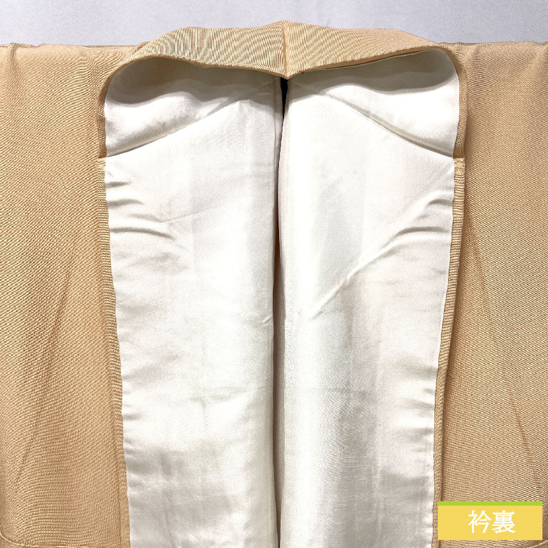 訪問着 正絹 袷 身丈161.5cm 裄丈66.5cm 肌色（はだいろ） 相良刺繡 扇子 鶴 一つ紋 上り藤に大の字 Aランク 橙系 1112005563426