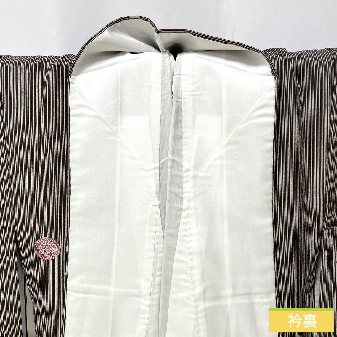 Komon (small pattern) kimono, polyester, length 163.5cm, sleeve length 65.5cm, lined, black-gray (kuronezui) with stripes and floral print, washable, rank A, black, product number 1115006023410