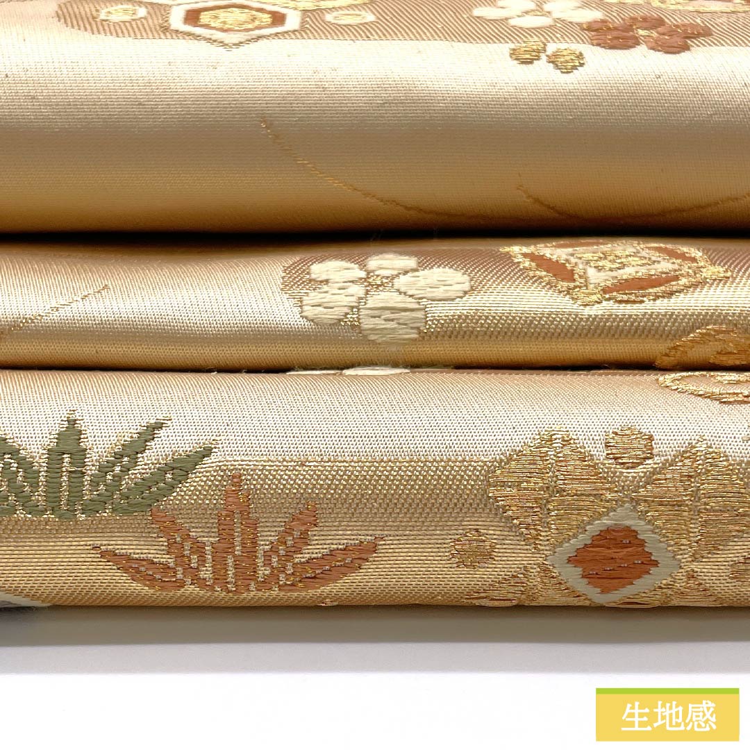 Fukuro Obi (Sash) made of pure silk, walnut color, for Tomesode, Treasures, Flower Arabesque pattern, Length 430cm, S rank, Six-pass, Formal, Beige, 1123013582325