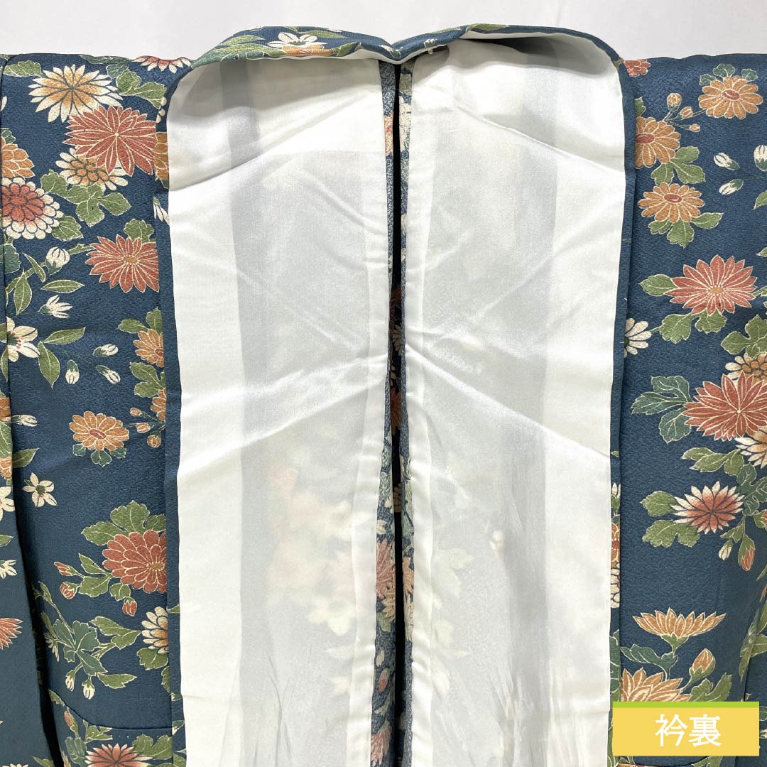 Polyester Komon, Rank A, Length 155.5cm, Sleeve-to-sleeve 62cm, Unlined, Ura-iro color, Katazome, Chrysanthemum, Bird, Washable Kimono, Blue, 1115007893317
