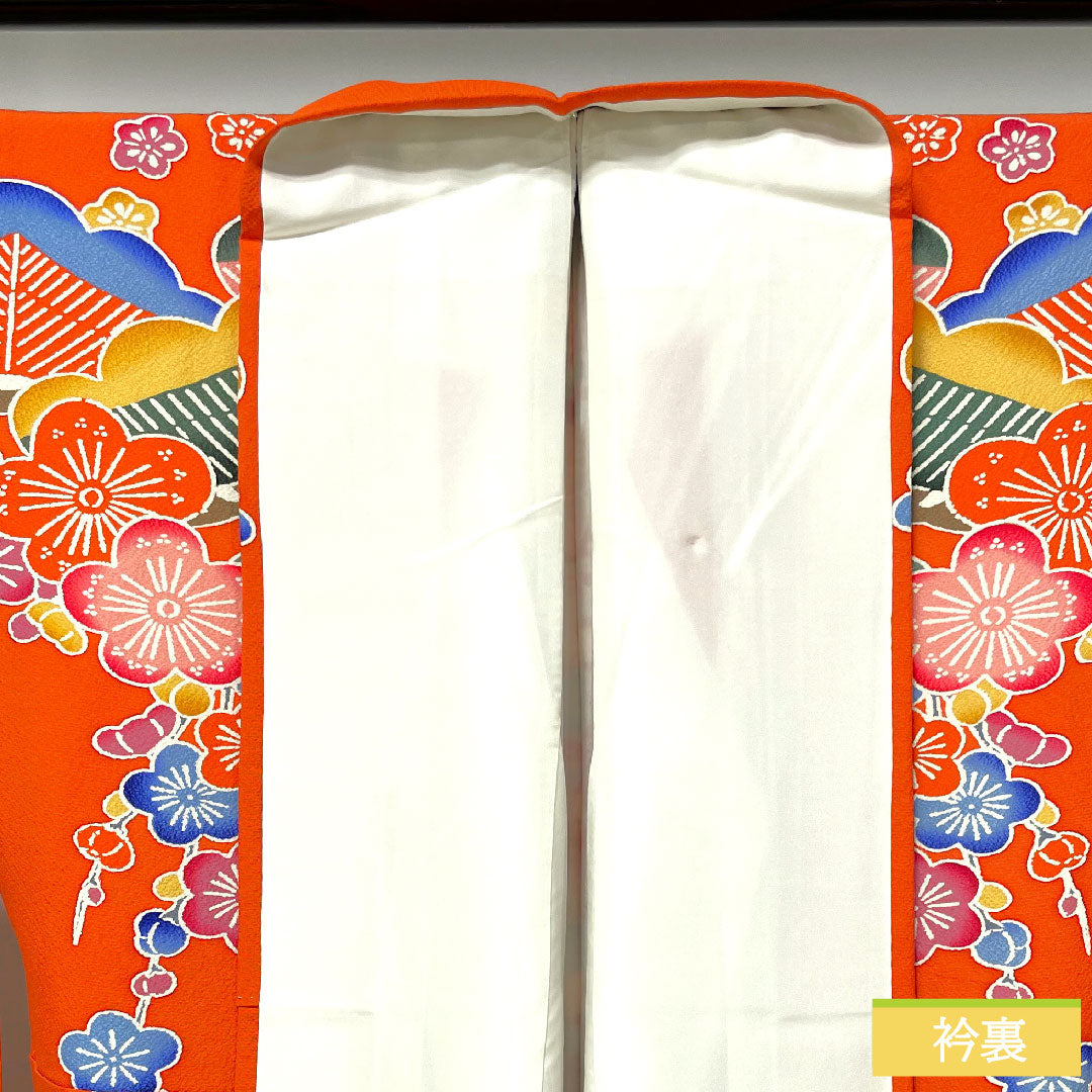 Furisode (long-sleeved kimono) made of pure silk, length 162.5cm, sleeve length 63.5cm, lined, silver-vermilion, Kyoto Bingata, auspicious motif, S rank, vermilion, 1113002112416