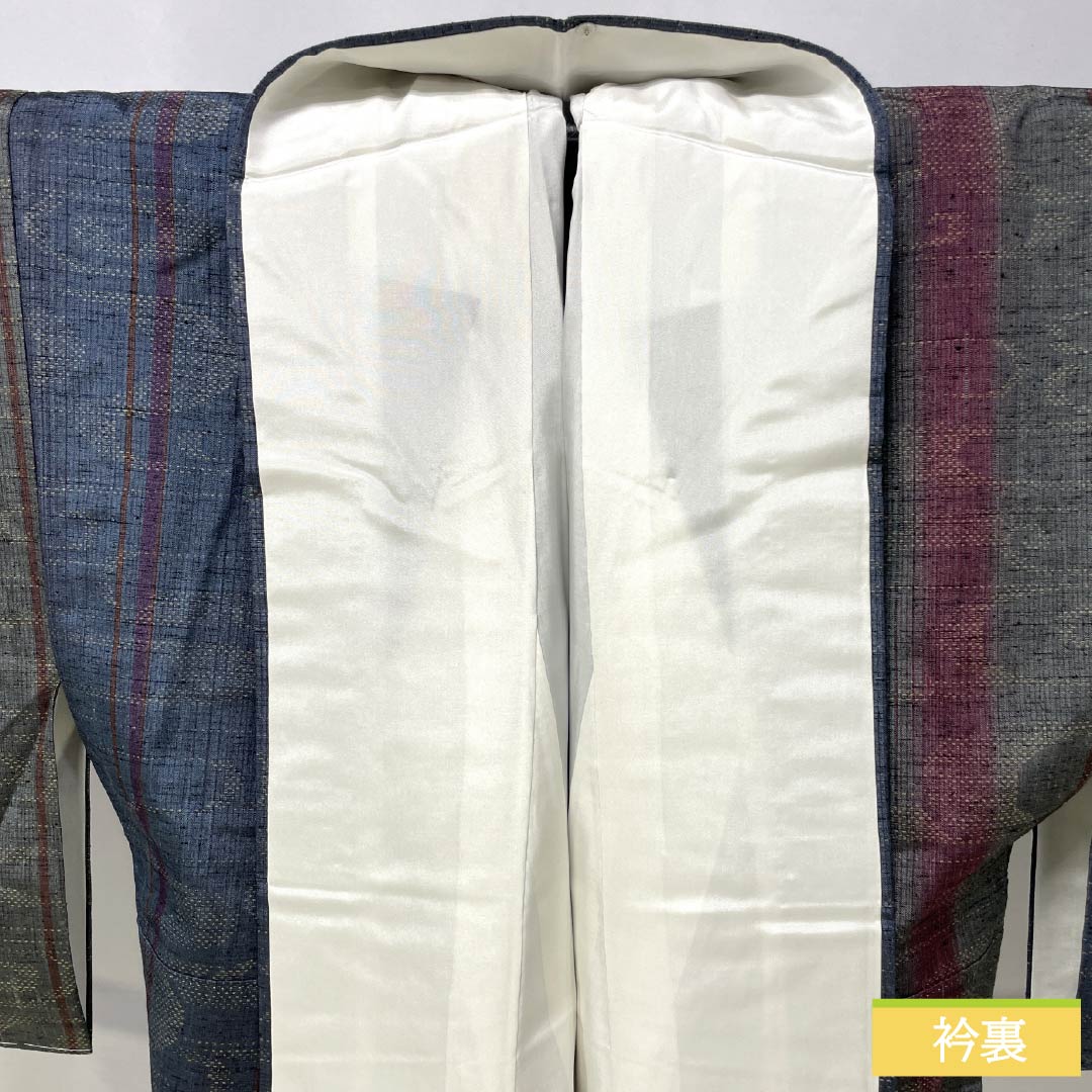 紬 正絹 Sランク 身丈158cm 裄丈65cm 藍錆色（あいさびいろ） 真綿紬 流水 縞 袷 青系 1116004532317