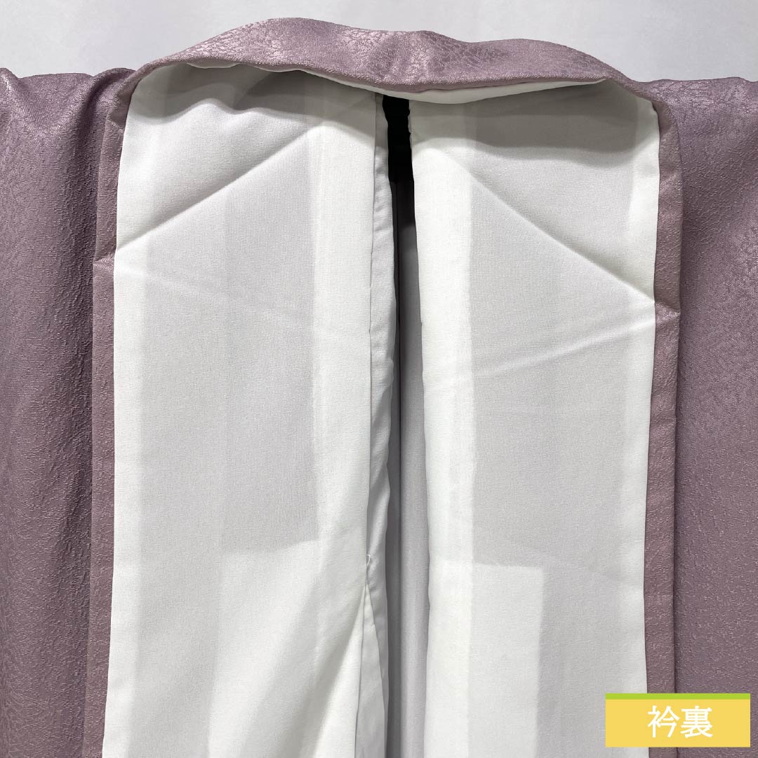 Solid-colored polyester kimono, S rank, length 158cm, sleeve length 65cm, pale purple (light purple) with abstract pattern and basting thread. Purple-based. Product number: 1114002272320