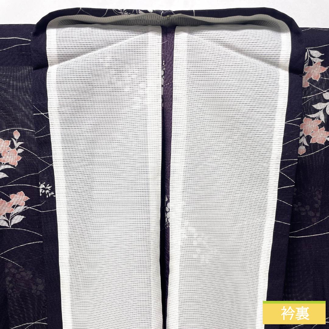 夏物 ポリエステル 小紋 身丈158cm 裄丈63cm 紫烏色（しうしょく） 露芝 草花 洗える着物 絽 Bランク 紫系 1132002044320