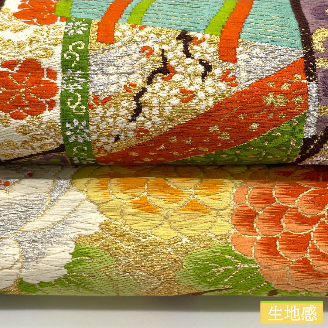 袋帯 薄卵色（うすたまごいろ） 御所車 牡丹 菊 紅葉 帯丈404cm 正絹 Sランク 六通 フォーマル クリーム系 1123010122315