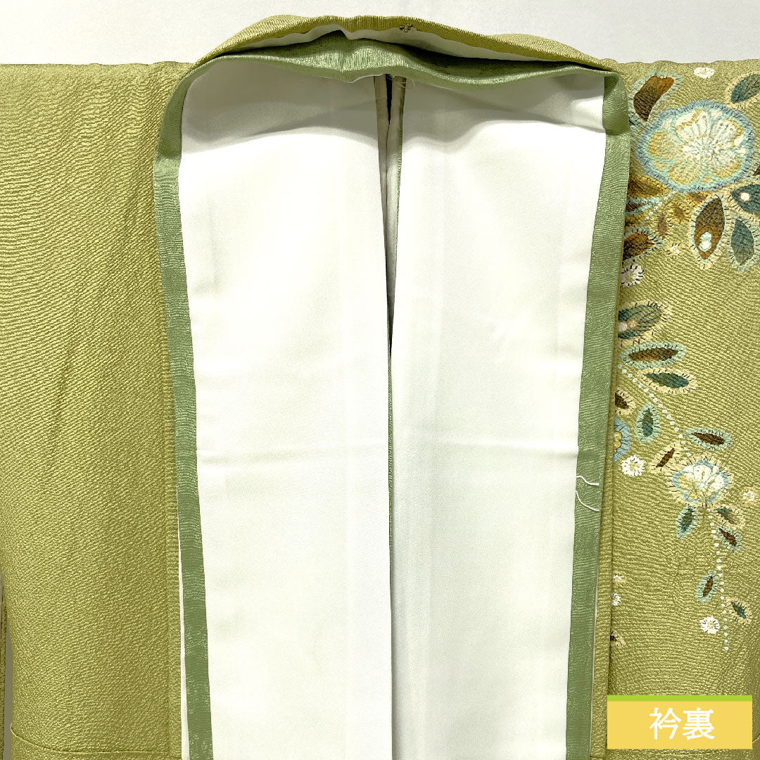 訪問着 正絹 袷 身丈162cm 裄丈62.5cm 薄柳色（うすやなぎいろ） 辻ヶ花 ちりめん地 重ね衿付き しつけ糸付き Sランク 緑系 1112005202419