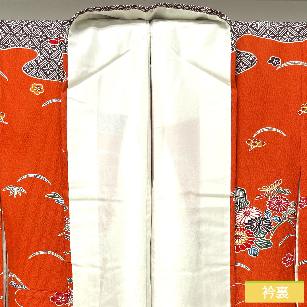 Homongi, pure silk, lined, length 163cm, sleeve length 64.5cm, scarlet, Kyoto Bingata, auspicious motif, S rank, vermilion, 1112004072416