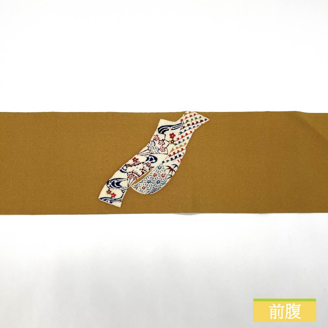 Nagoya obi, earthen cloth color (Toupusu color), Kyoto Bingata, crepe fabric, noshi, obi length 369cm, pure silk, S rank, point pattern, casual, yellow, 1124007972323, Nagoya style