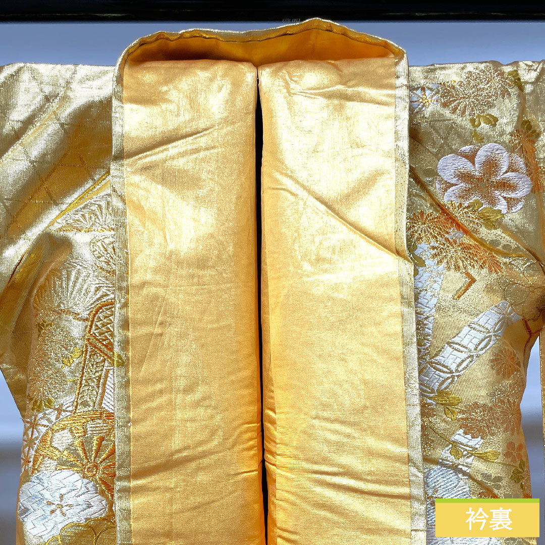 色打掛 正絹 身丈196cm 裄丈67cm  唐織 金糸 御所車 松竹梅 吉祥文様 Sランク 袷 金系 1110000762921