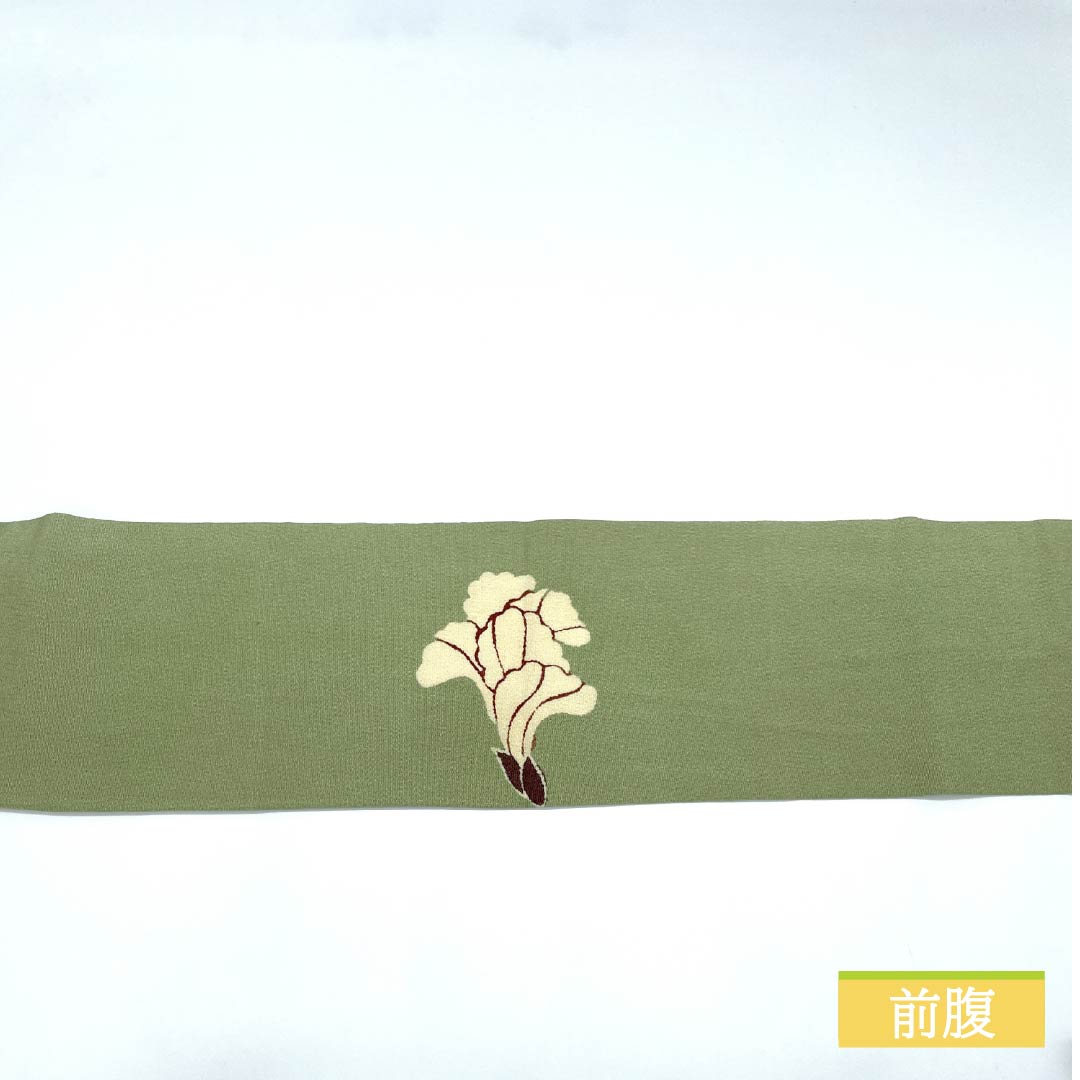 Nagoya Obi, Pure Silk, Grade A, Light Indigo (Asakiaiiro), Stencil-Dyed Chirimen Fabric, Floral Pattern, Length 358cm, Pointed Pattern, Casual, Green, Product Number 1124009103319, Nagoya Style