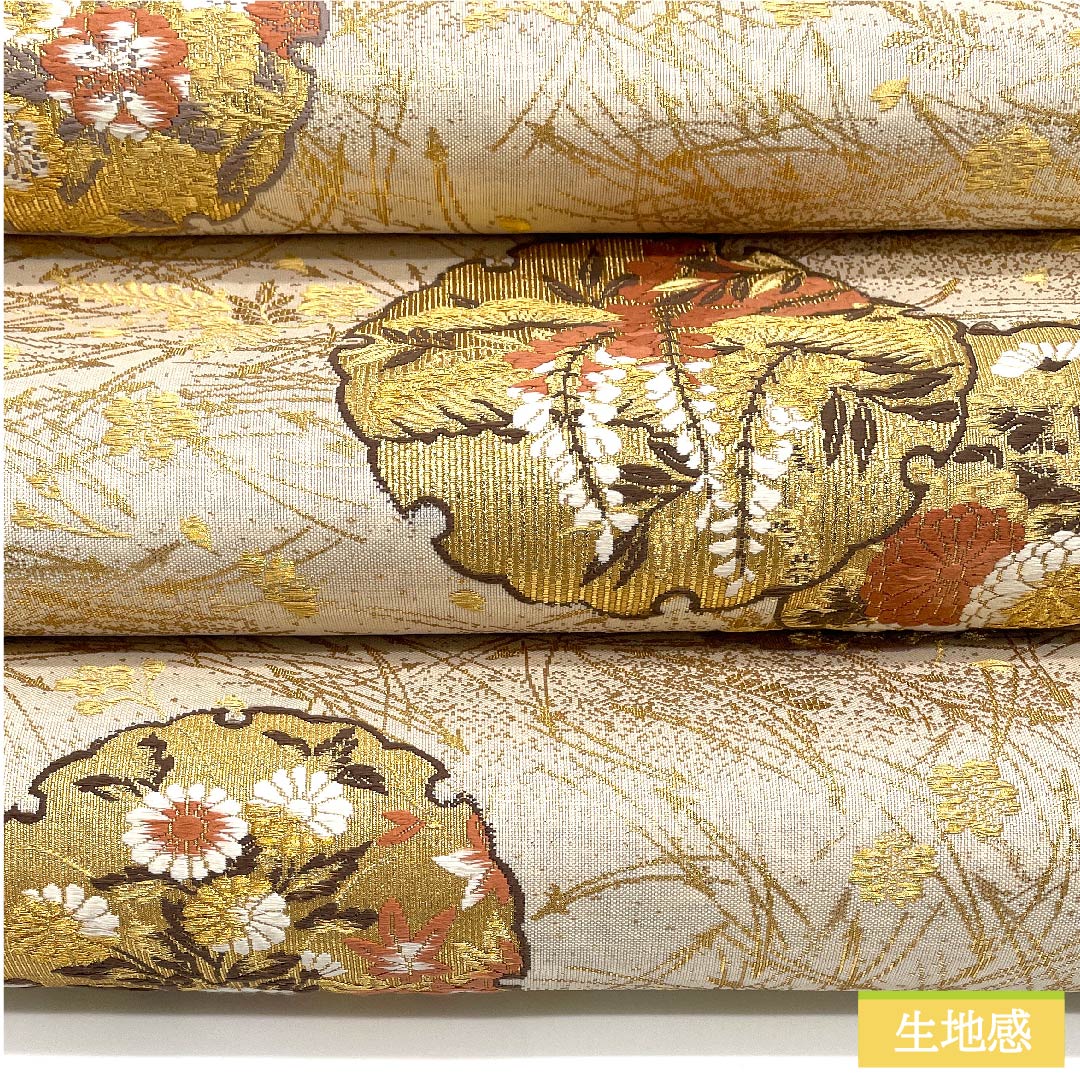 袋帯 正絹 胡粉色（ごふんいろ） 箔霜華 雪輪に花 加納幸 帯丈446cm Sランク 六通 フォーマル クリーム系 1123011462315