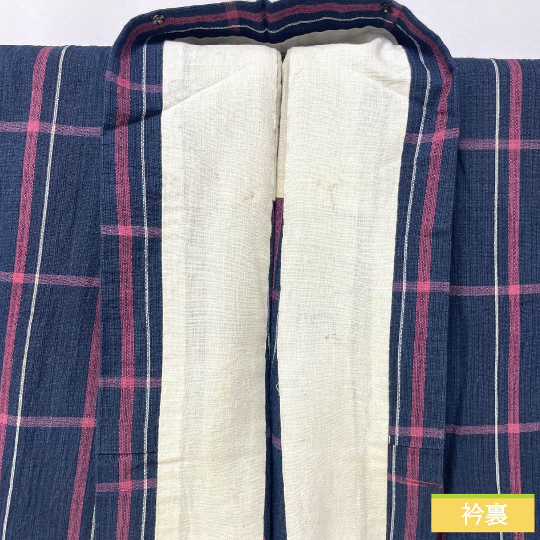 Yukata Cotton Length 154cm Sleeve length 65cm B rank Single layer Navy blue Indian indigo Shijira weave Check pattern 1118005624218