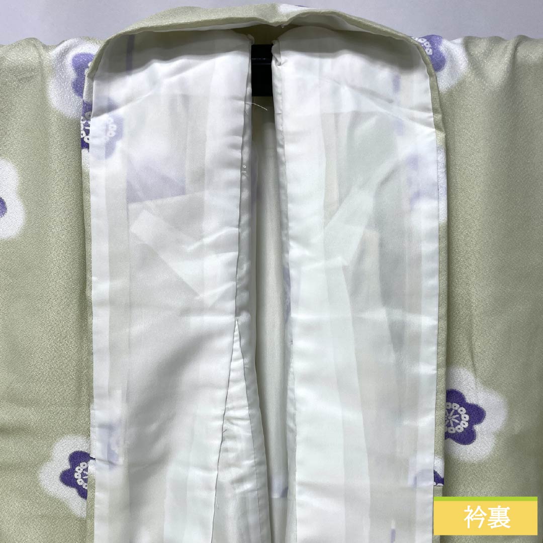 Komon (small pattern) kimono, polyester, rank A, length 165cm, sleeve length 66cm, lined, sulfur-colored (iou-iro) floral pattern, with basting thread, washable, green, 1115007023519