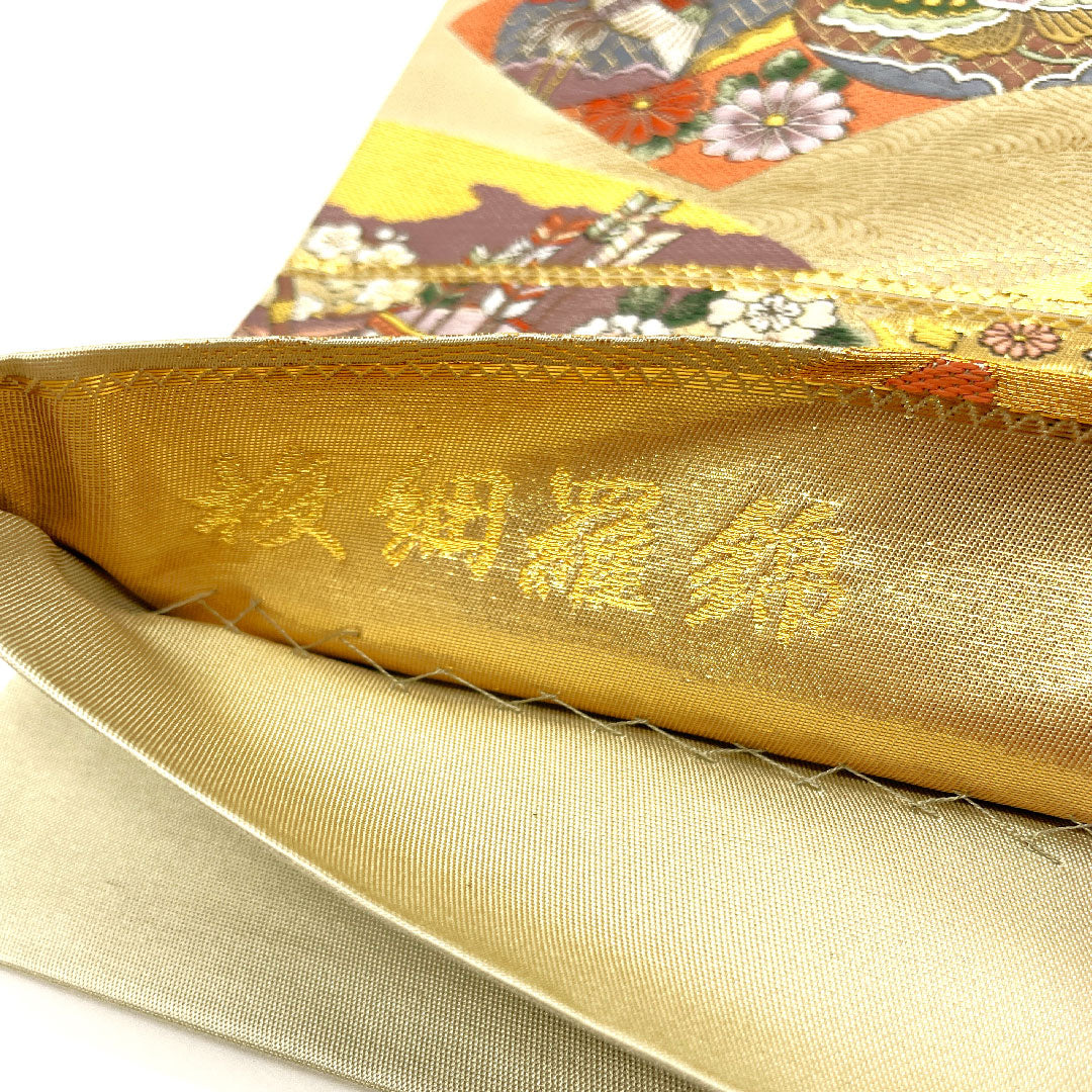 Fukuro Obi (Bag) with auspicious motif, obi length 424cm, pure silk, S rank, six-pass, formal, gold, 1123002682321