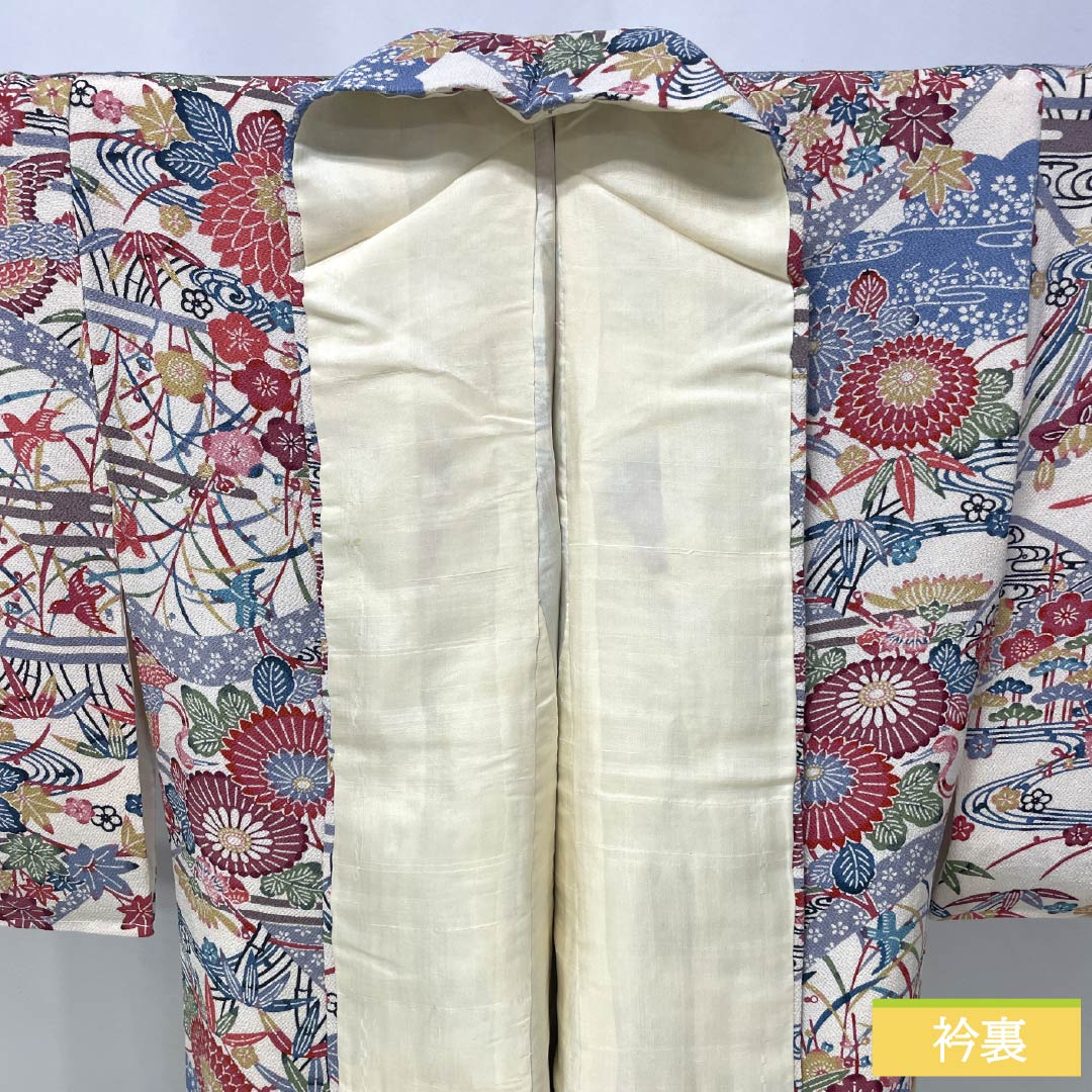 Komon (small pattern) silk, A-rank, length 158.5cm, sleeve length 64cm, lined, light-colored (usunukuiro) Kyoto Bingata pattern, auspicious motif, white with basting threads, product number 1115006983311