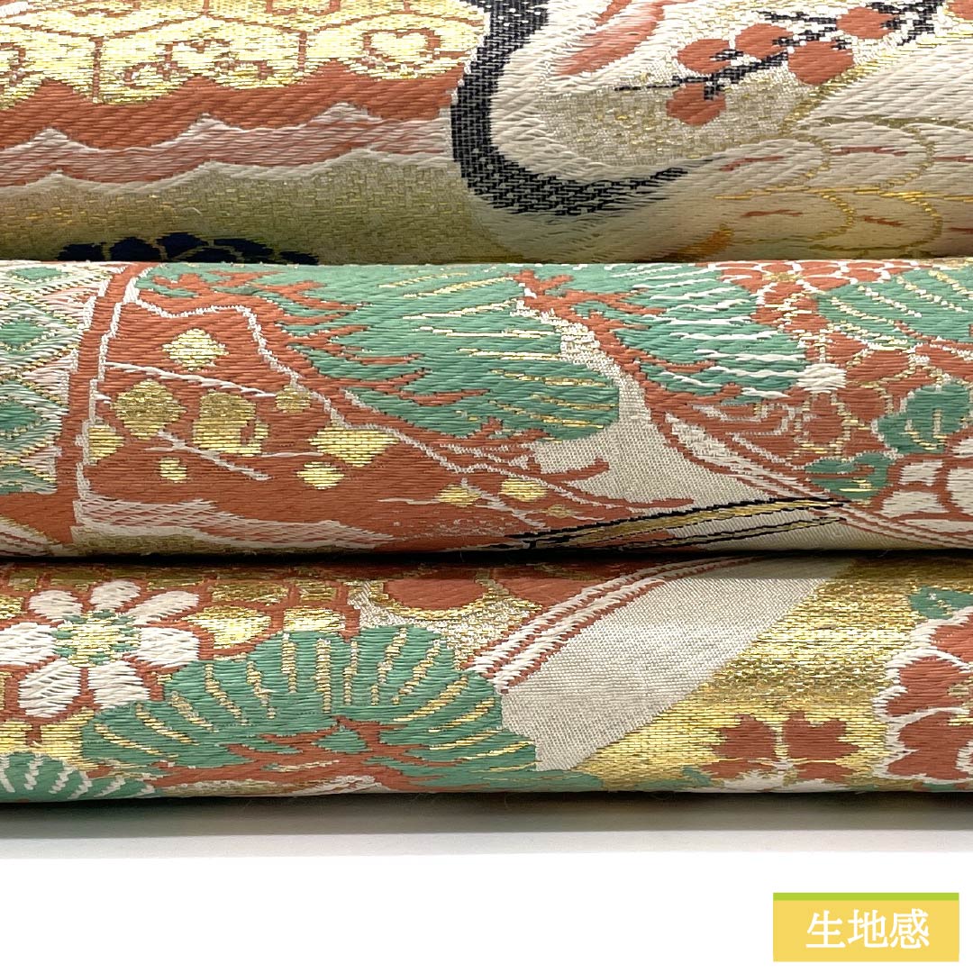 （丸帯）袋帯 正絹 Aランク 丸帯 留袖用 古典柄 鶴 菊 帯丈376cm 全通 フォーマル 金系 1123015773321