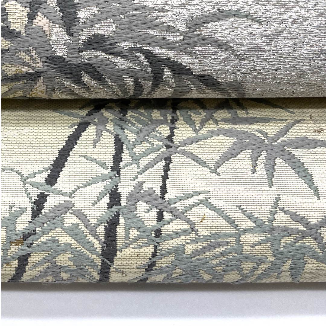 Ivory-colored Fukuro Obi (Bag) with pearl leaf and bamboo forest, Asayama Textile, Length 432cm, Pure silk, A-rank, Pointed pattern, Formal, Cream-colored, 1123006123315