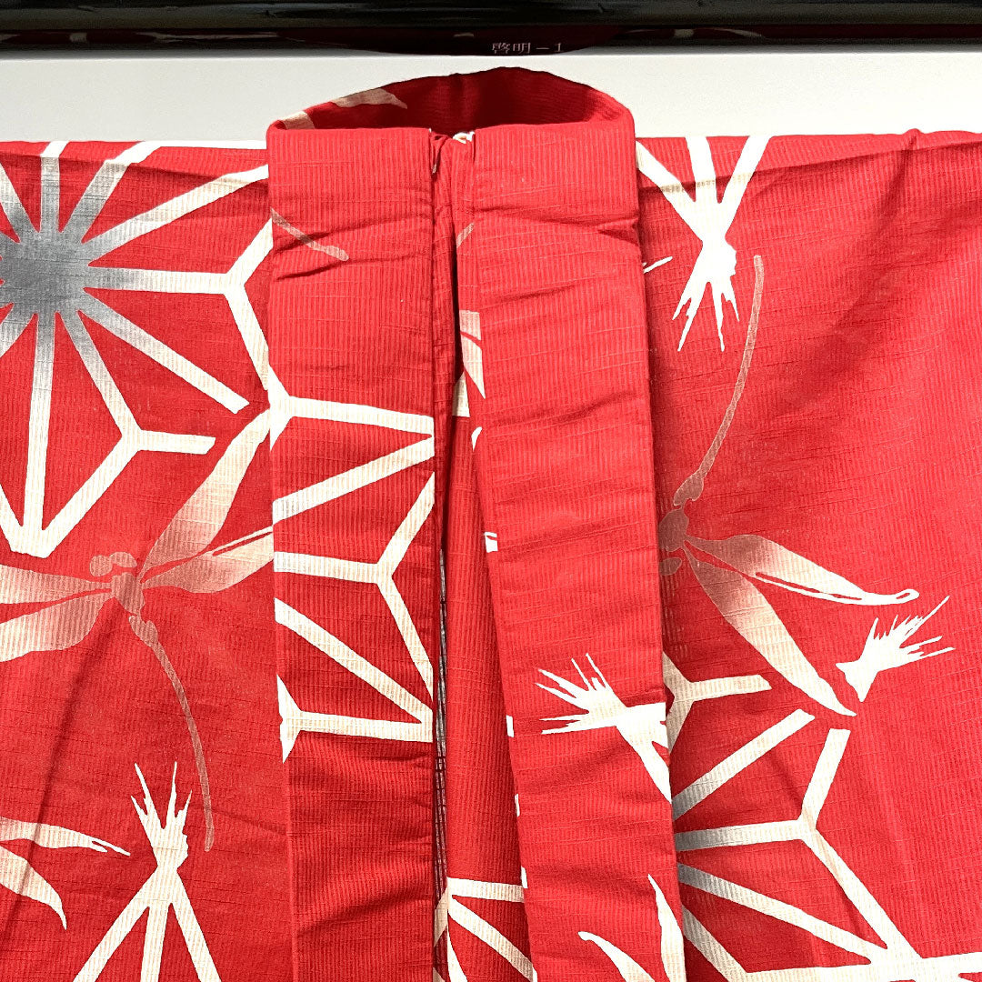 Yukata with basting thread, unused, western crimson, dragonfly, cotton, S rank, single layer, length 165cm, sleeve length 68cm, red, 1118002152512