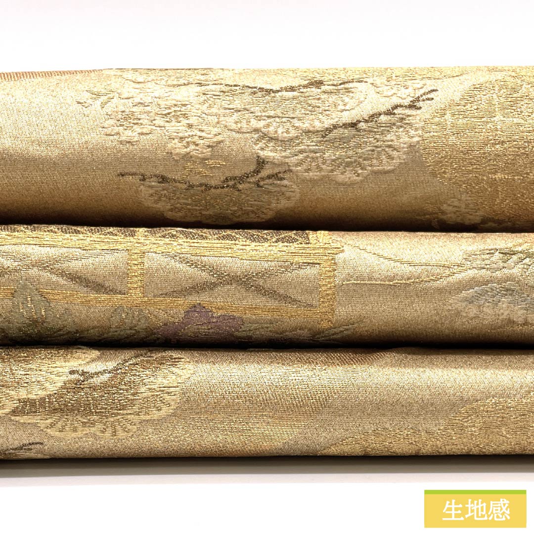 Formal, pure silk obi for formal kimono, featuring a flower cart and peony motif, length 418cm, S rank, six-fold hem, gold finish, product number 1123014612321