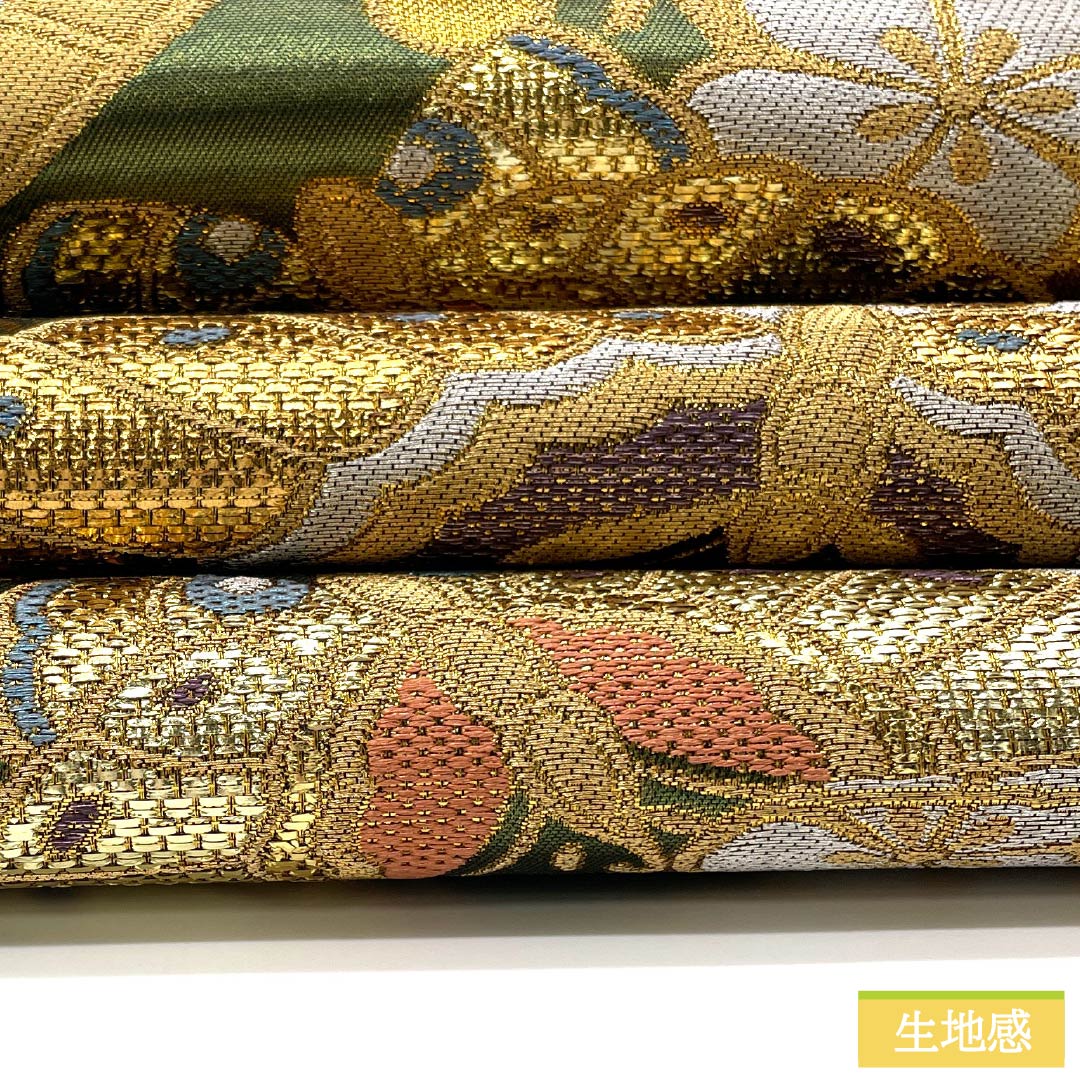 袋帯 正絹 織部色（おりべいろ） 振袖用 蝶 松竹梅 桜 帯丈428cm Sランク 六通 フォーマル 緑系 1123013392319