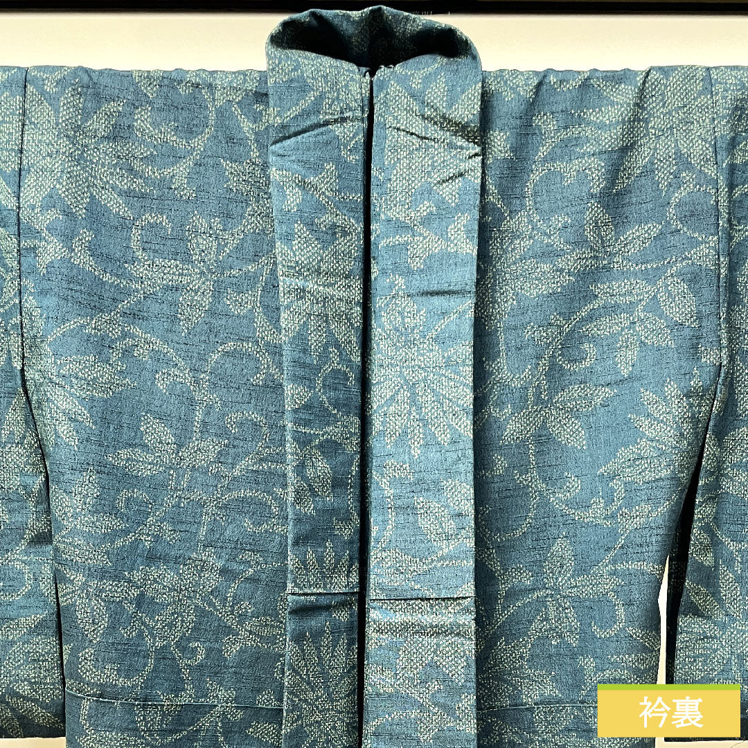 紬 正絹 身丈158cm 裄丈62.5cm  高麗納戸色 草花模様 胴抜き仕立 Sランク 胴抜き 緑系 1116002922319