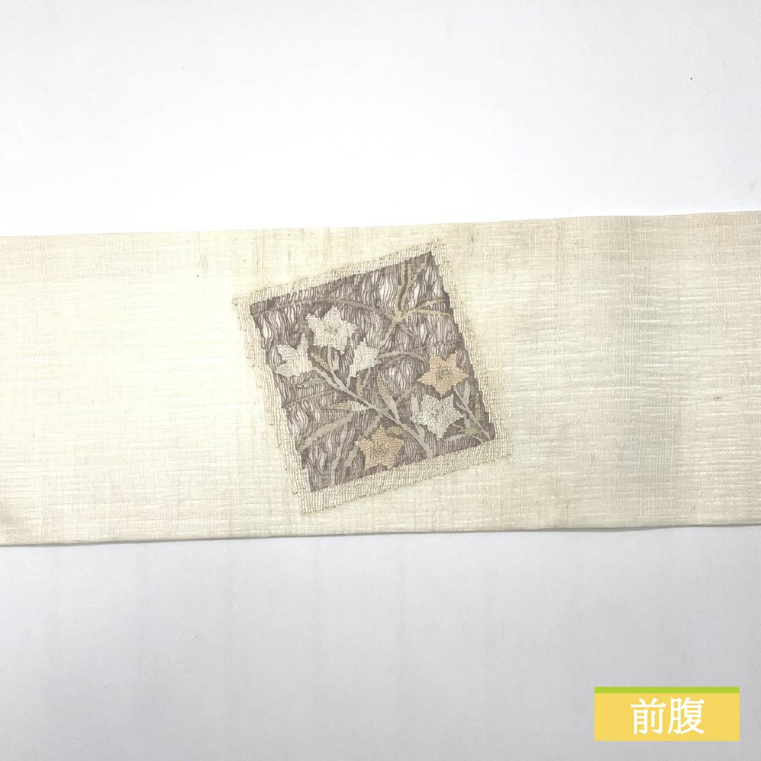 Nagoya obi, pure silk, chalk color, scoop weave, colored paper, bellflower, summer obi, obi length 369cm, S rank, point pattern, semi-formal, white, 1124006812311, Nagoya style
