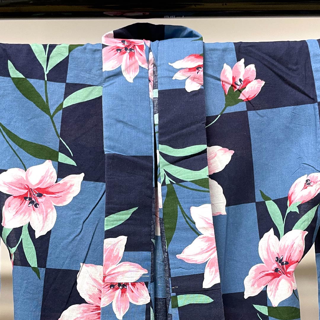 浴衣 濃紺色 サフランモドキ 市松 木綿 Sランク 単衣 身丈161cm 裄丈65.5cm 紺系 1118004112418