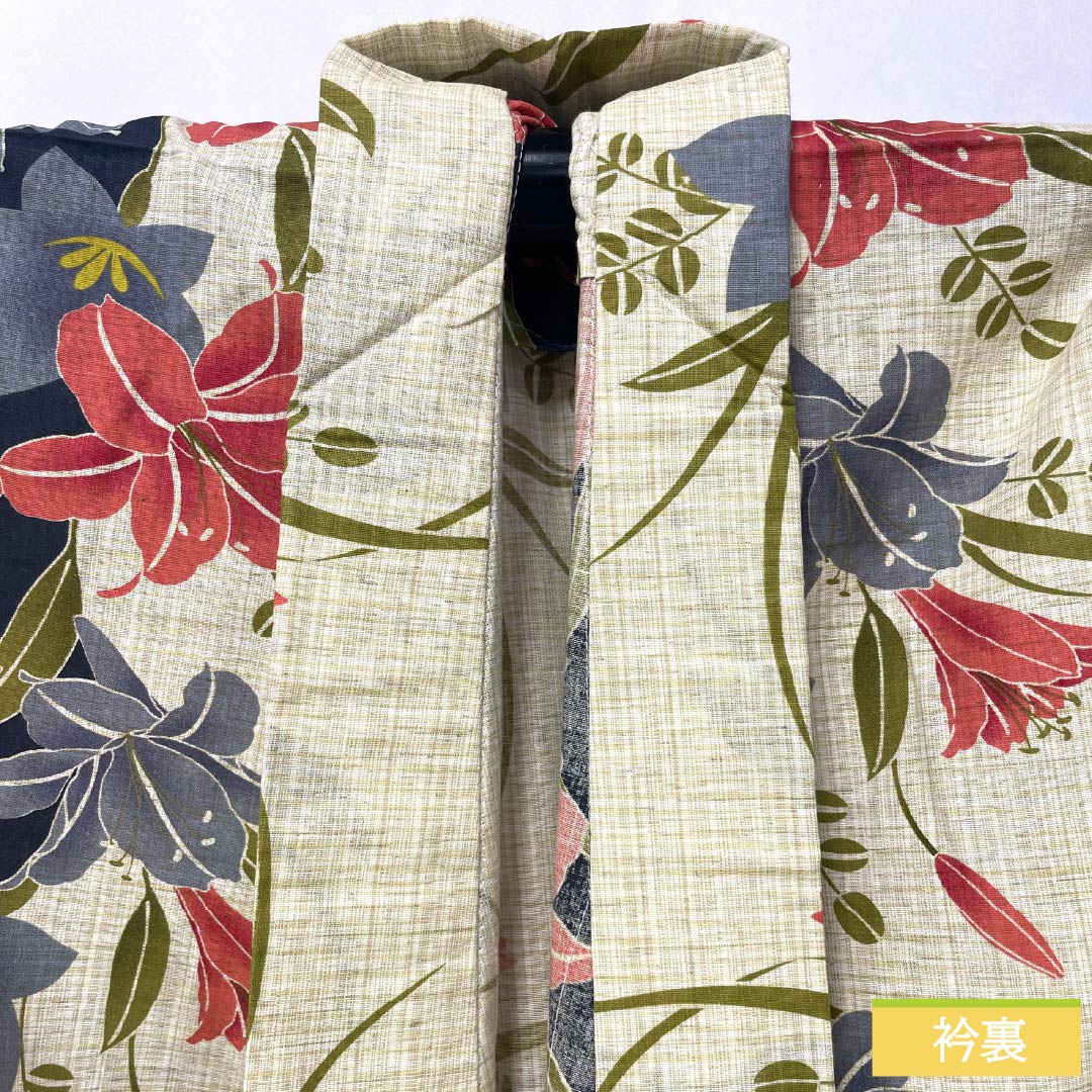 浴衣 綿麻 身丈166.5cm 裄丈69.5cm Aランク 単衣 ベージュ系 牙黄色（げおういろ） 百合 桔梗 1118005443525
