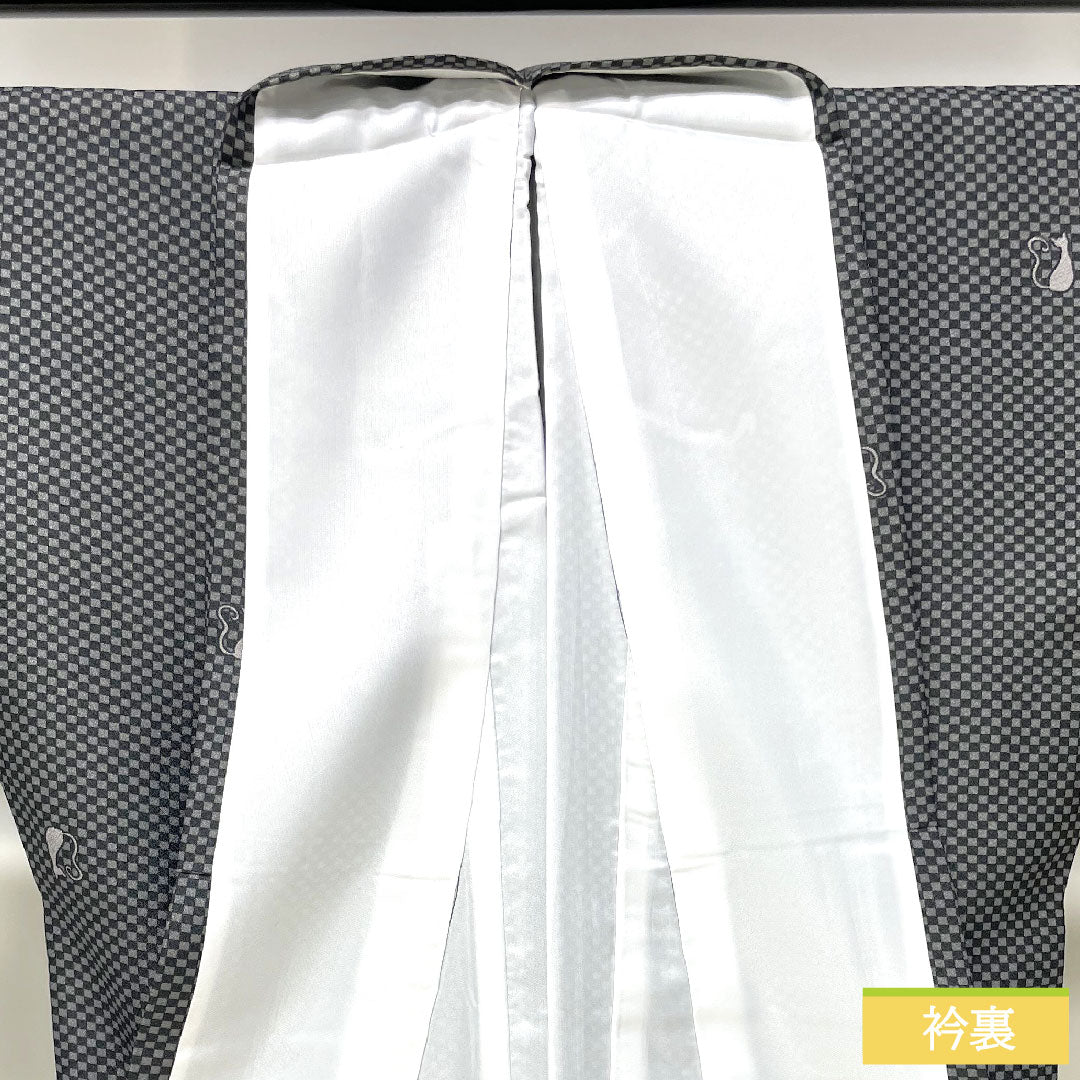 Small pattern, polyester, length 166.5cm, sleeve length 68cm, lined, washable kimono, checkered pattern, cat, S rank, monotone, 1115004382527