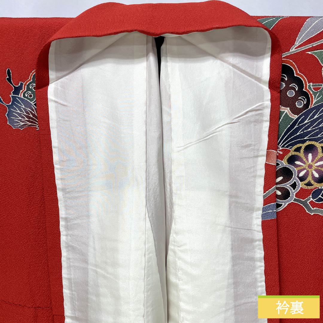 Furisode (long-sleeved kimono) made of pure silk, S-rank, length 167cm, sleeve length 66cm, lined, red, Kyoto Bingata (dyed dye) pattern, auspicious motifs of butterflies, tangerines, and reddish tones, product number 1113002322512