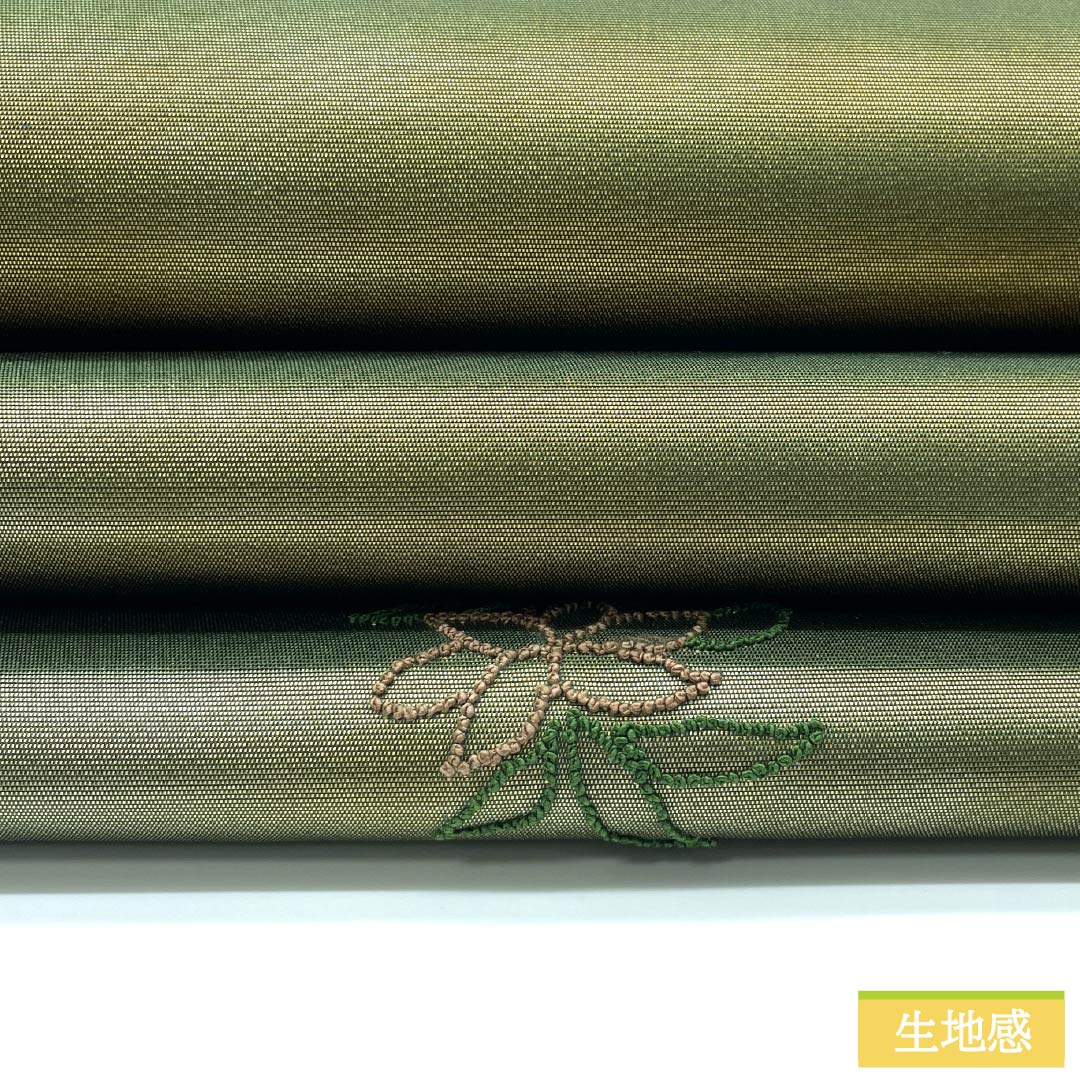 袋帯 正絹 島松鼠色（しままつねずいろ） 相良刺繡 欧風文様 帯丈436cm Sランク ポイント柄 カジュアル 緑系 1123012762319