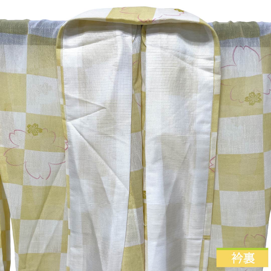 Summer Polyester Komon S Rank Length 167.5cm Sleeve Length 68cm Kikarakami-iro Checkered Sakura Washable Kimono Gauze Yellow 1132003542523