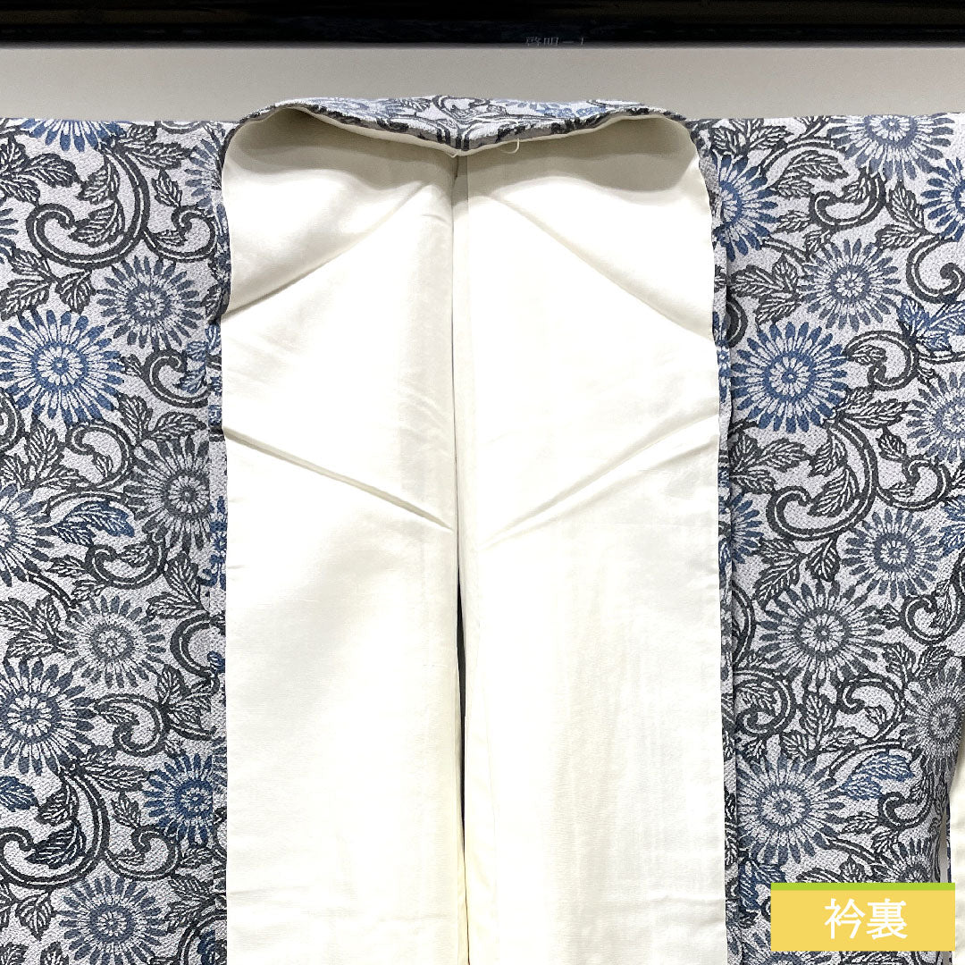 小紋 正絹 身丈172cm 裄丈64cm 袷  白銅色 京紅型 菊  Sランク グレー系 1115003572622