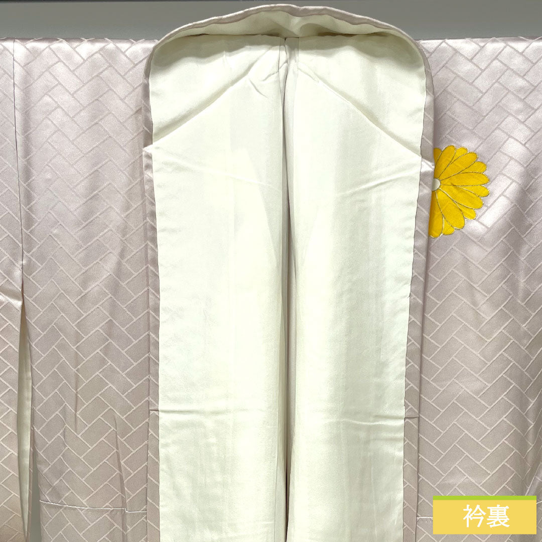 Homongi, pure silk, lined, length 160cm, sleeve length 64.5cm, light cherry blossom color, Kyoto Yuzen, chrysanthemum, S rank, pink, 1112004332413
