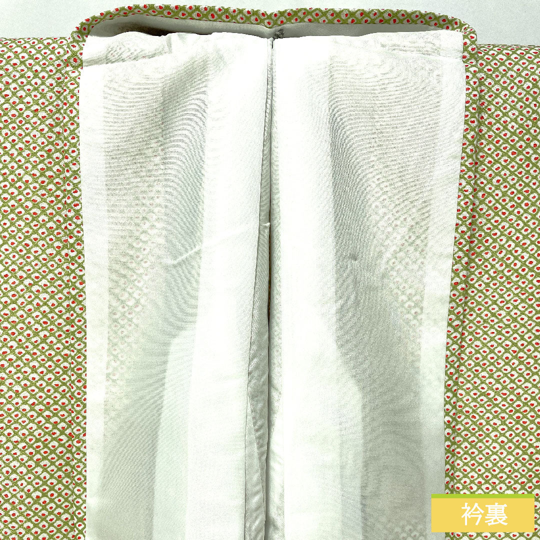 Small pattern, polyester, length 167cm, sleeve length 68cm, lined, light indigo, washable kimono, dyed Hikita, with basting thread, unused, S rank, green, 1115004792519