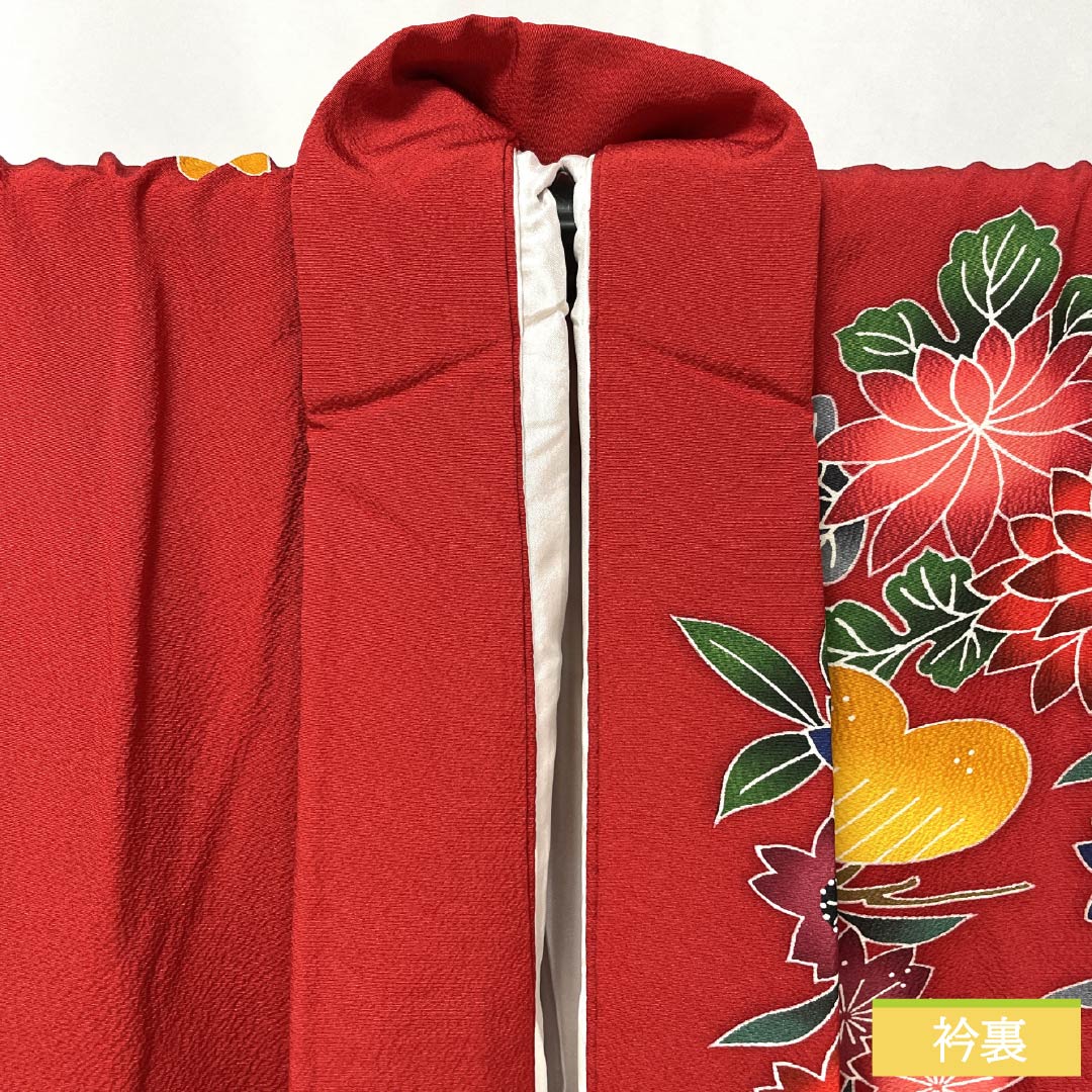 Furisode Pure Silk S Rank Length 157.5cm Sleeve-to-sleeve 65.5cm Lined Crimson Kyoto Bingata Auspicious Motifs Pine Cherry Red 1113002312312