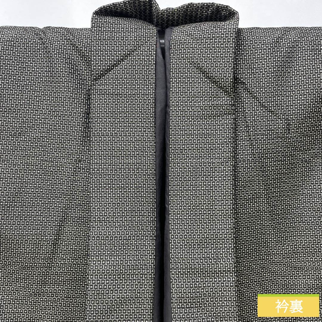 男物 正絹 Aランク 身丈145.5cm 裄丈68.5cm 大島紬 100亀甲 アンサンブル 袷 黒系 1119001483410