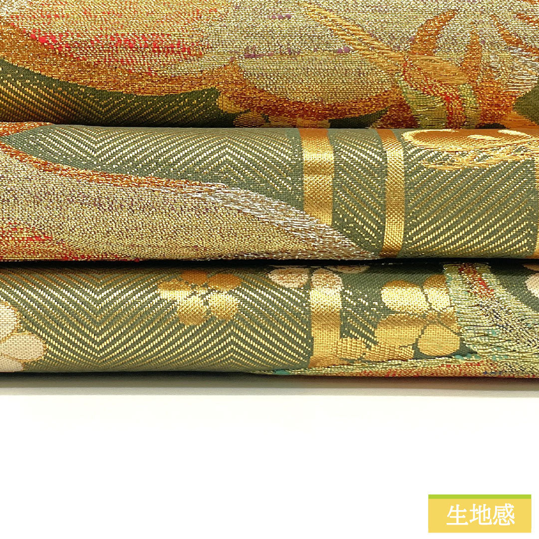 Formal, green-toned, pure silk obi with a crane design, bamboo, and plum motifs, suitable for furisode (long-sleeved kimono). Length: 436cm. Product code: 1123016502319.