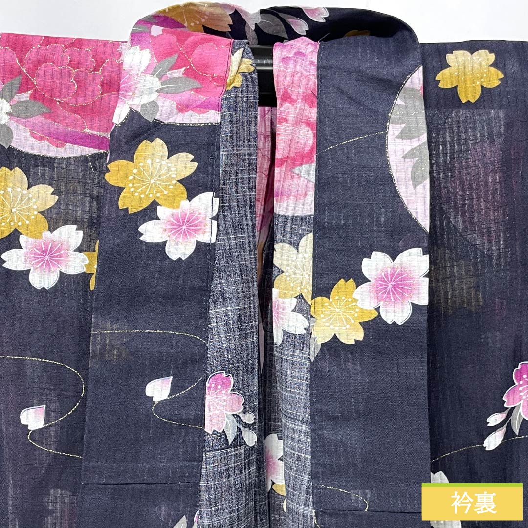 浴衣 木綿 身丈178.5cm 裄丈69cm Sランク 単衣 紺系 褐色（かちいろ） 花 桜 1118006712818