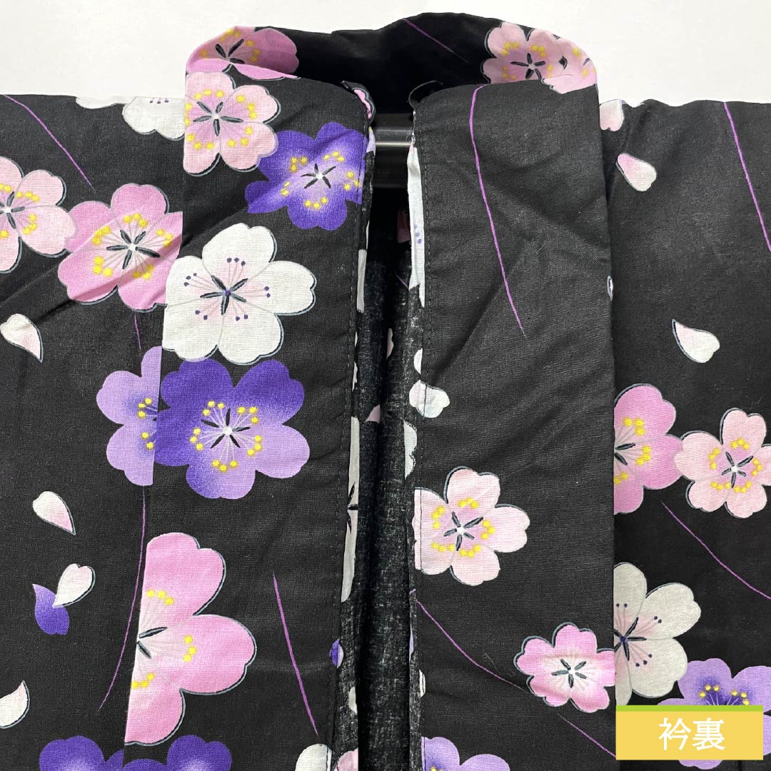 浴衣 木綿 身丈166.5cm 裄丈62.5cm Sランク 単衣 黒系 桜 1118005932510